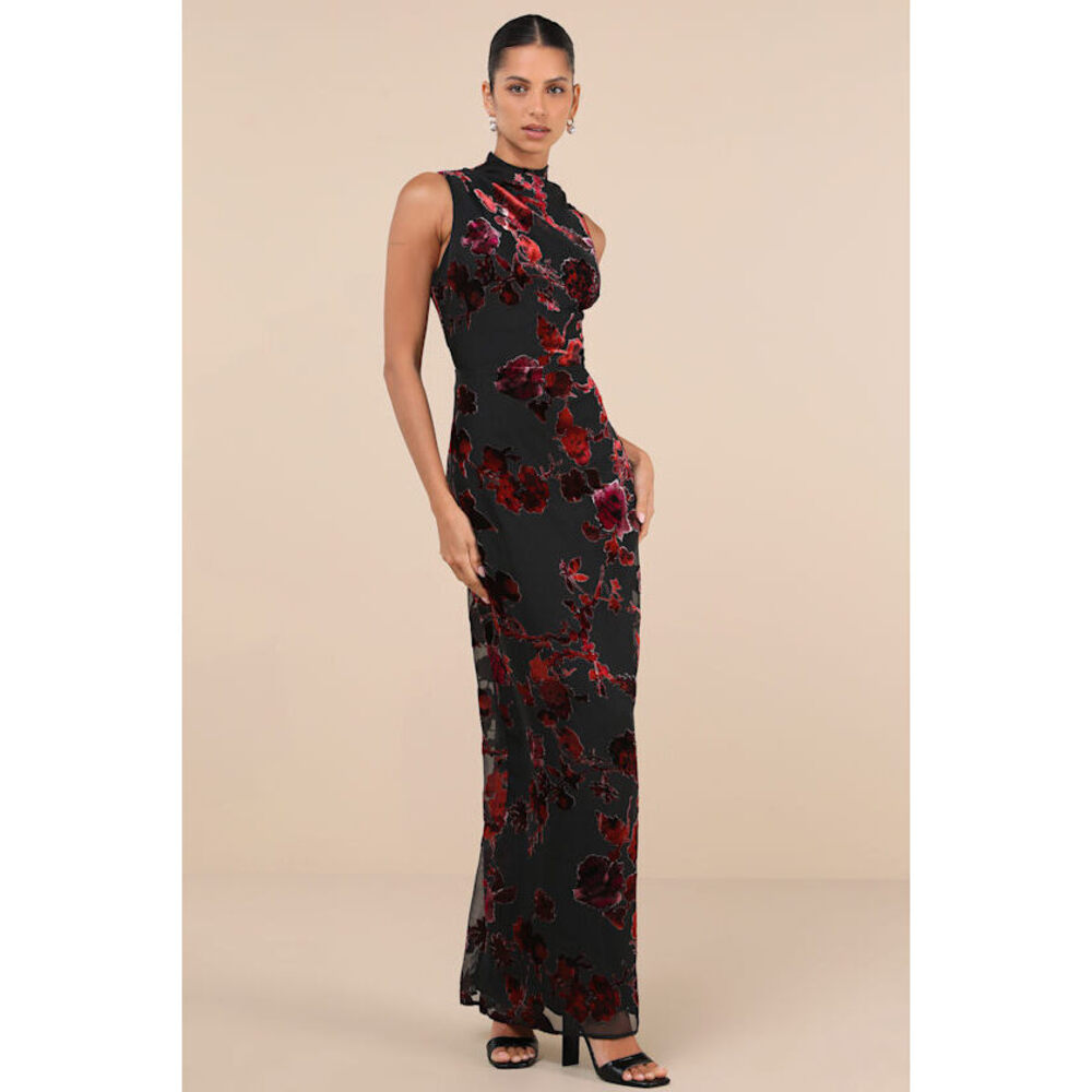 Lulus Composed Glamour Red And Black Burnout Velvet Maxi Dress - Size S